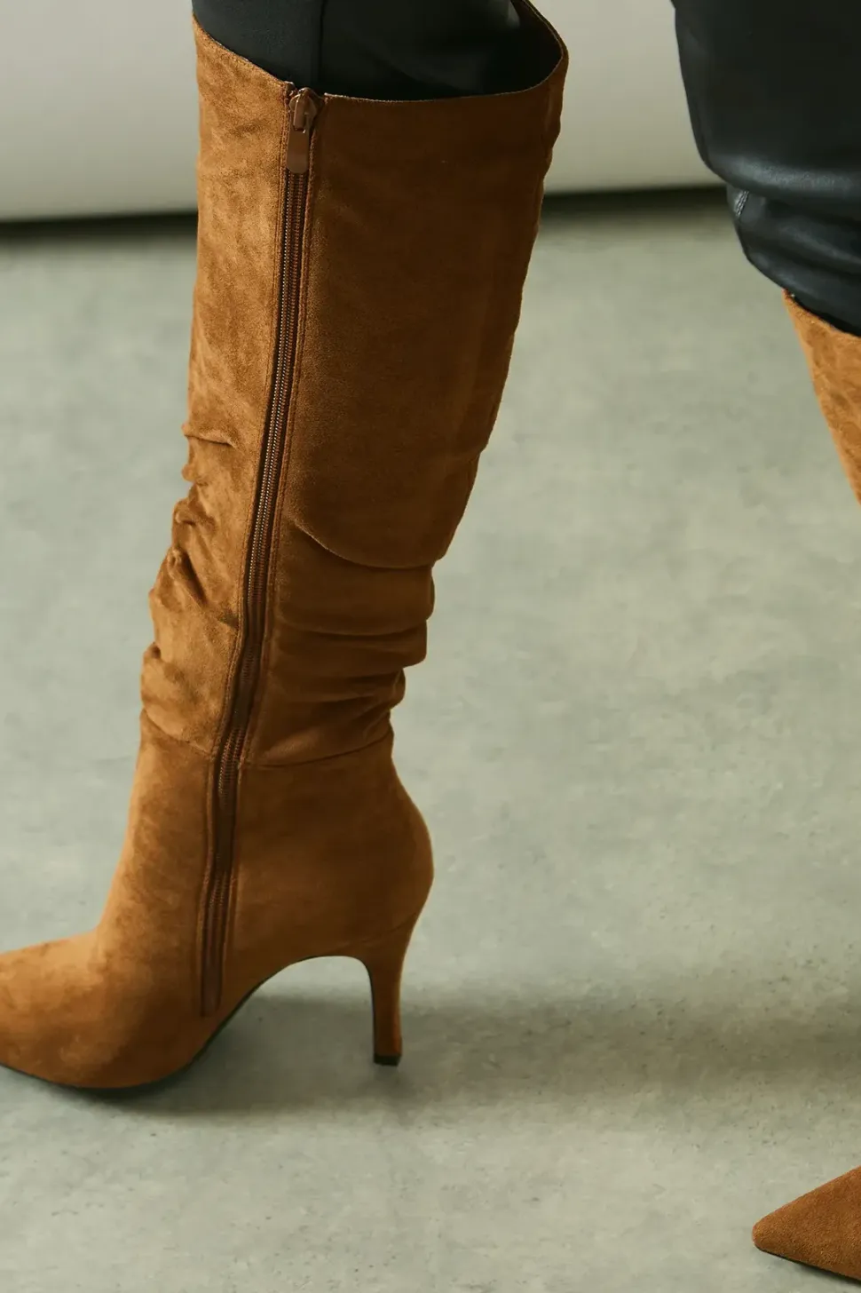 Kateri Faux Suede High Stiletto Heel Ruched High Leg Boots