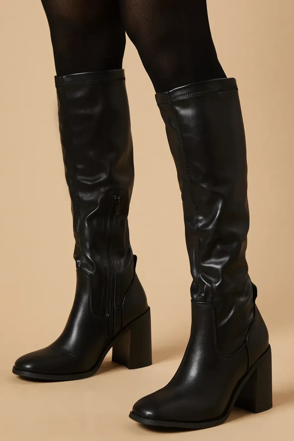 Kayin Square Toe High Block Heel Stretch Knee Boot