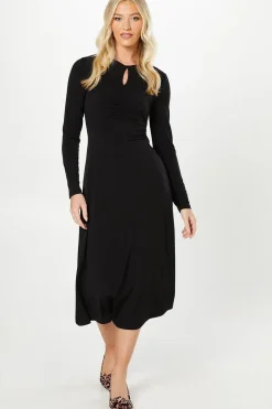 Keyhole Ruched Yoke Long Sleeve Midi Dress