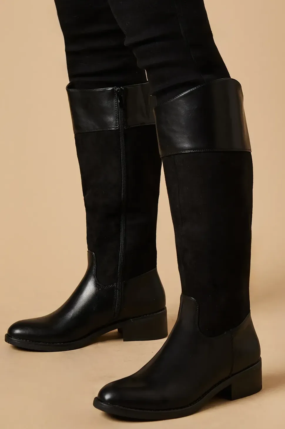 Keziah Mixed Material Low Heel Riding Knee Boot