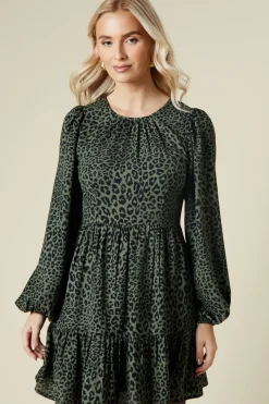 Khaki Animal Long Sleeve Tiered Mini Dress
