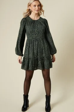 Khaki Animal Long Sleeve Tiered Mini Dress