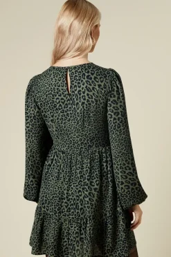 Khaki Animal Long Sleeve Tiered Mini Dress