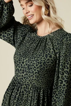 Khaki Animal Long Sleeve Tiered Mini Dress