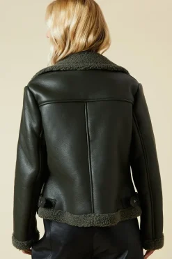 Khaki Faux Leather Short Aviator Jacket