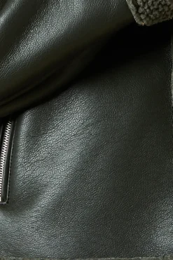 Khaki Faux Leather Short Aviator Jacket
