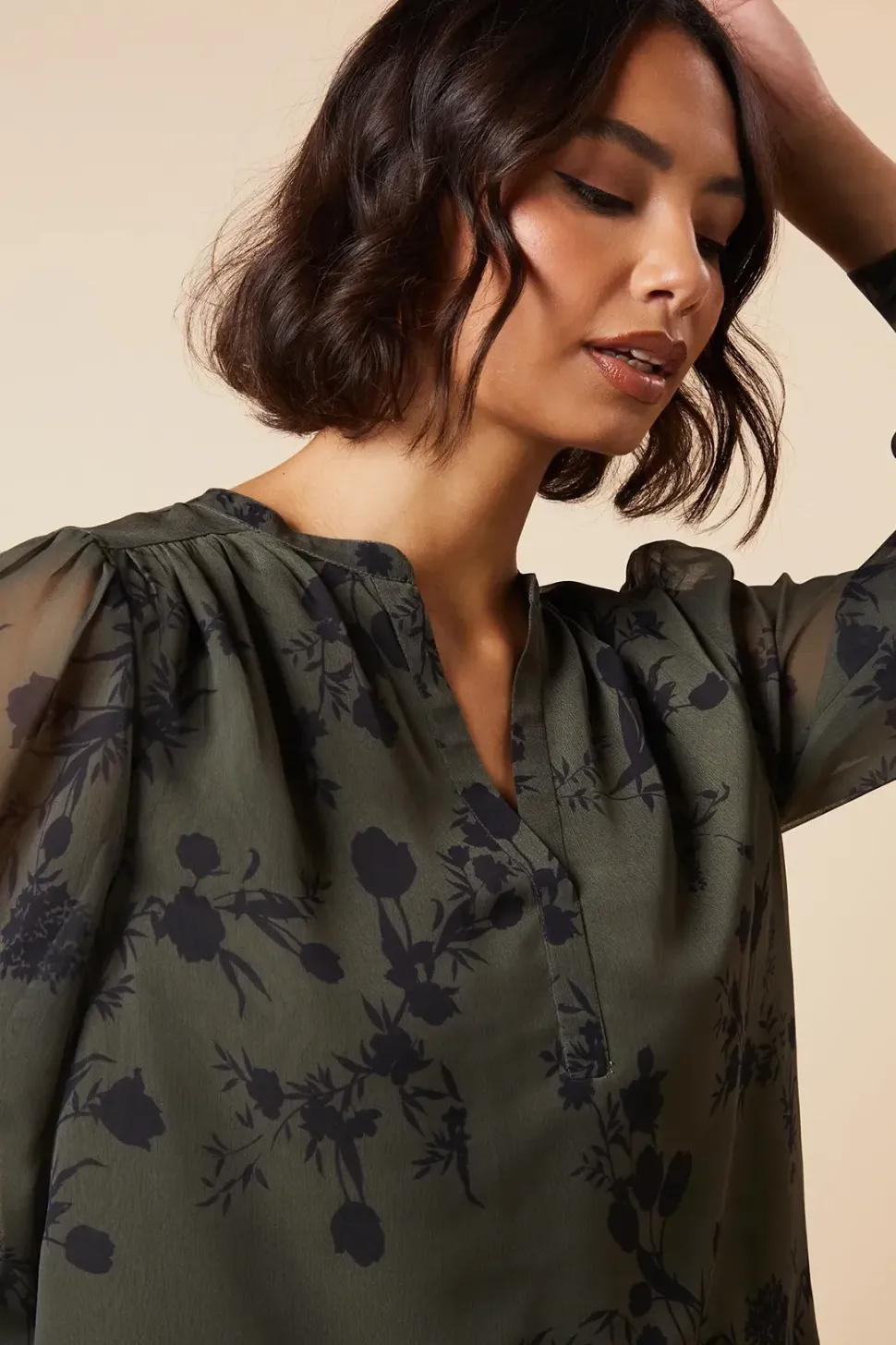 Khaki Floral Chiffon Overhead Shirt