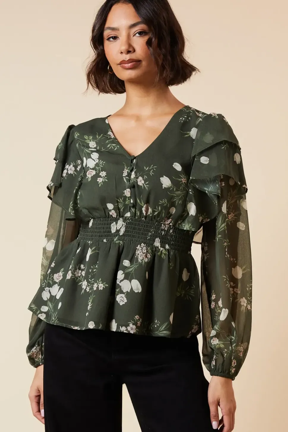 Khaki Floral Shirred Waist Button Front Chiffon Long Sleeve Blouse