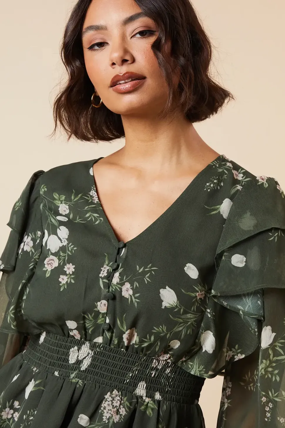 Khaki Floral Shirred Waist Button Front Chiffon Long Sleeve Blouse