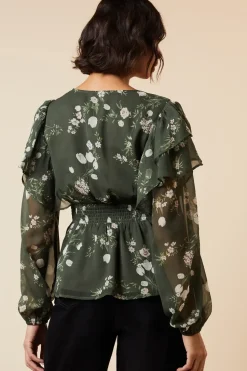 Khaki Floral Shirred Waist Button Front Chiffon Long Sleeve Blouse