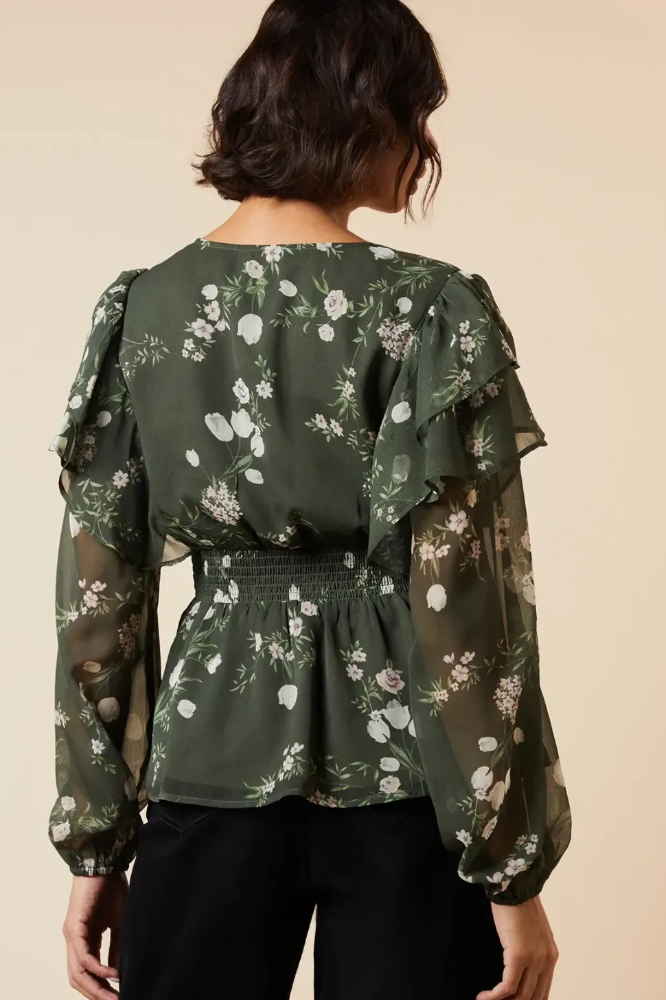 Khaki Floral Shirred Waist Button Front Chiffon Long Sleeve Blouse