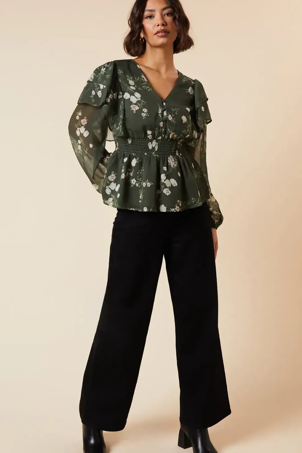 Khaki Floral Shirred Waist Button Front Chiffon Long Sleeve Blouse