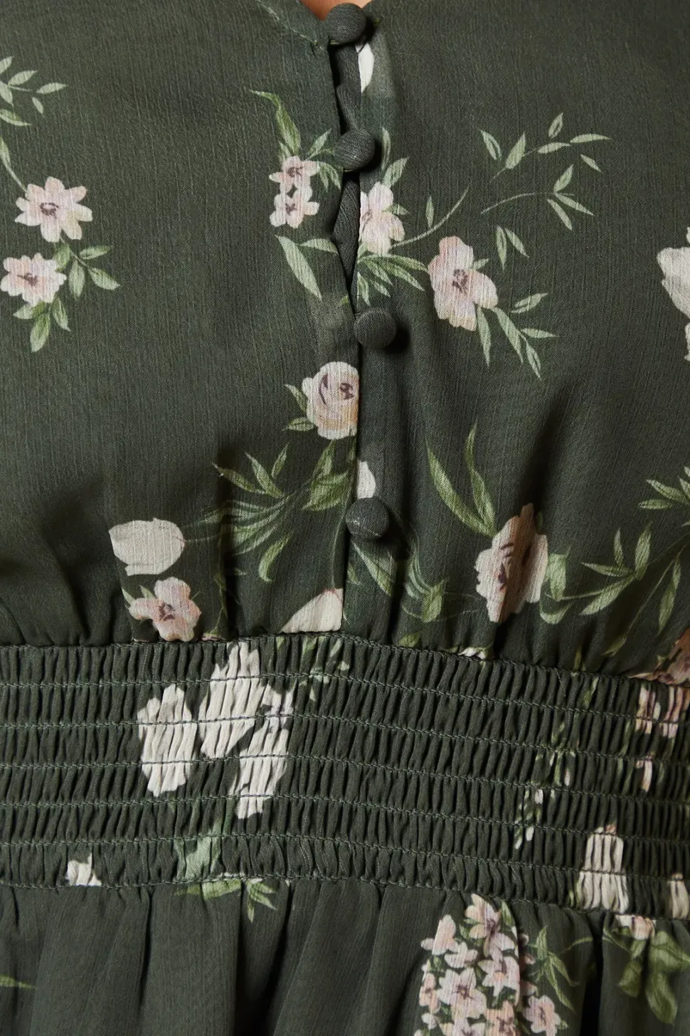 Khaki Floral Shirred Waist Button Front Chiffon Long Sleeve Blouse
