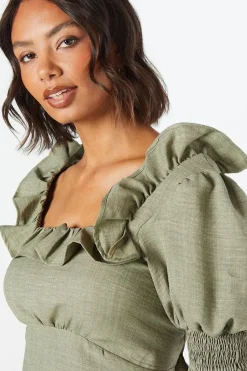 Khaki Ruffle Neck Blouse