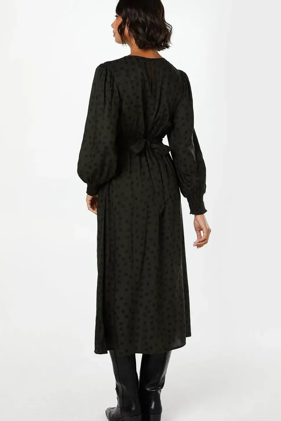 Khaki Spot Shirred Cuff Midi Dress