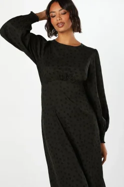 Khaki Spot Shirred Cuff Midi Dress