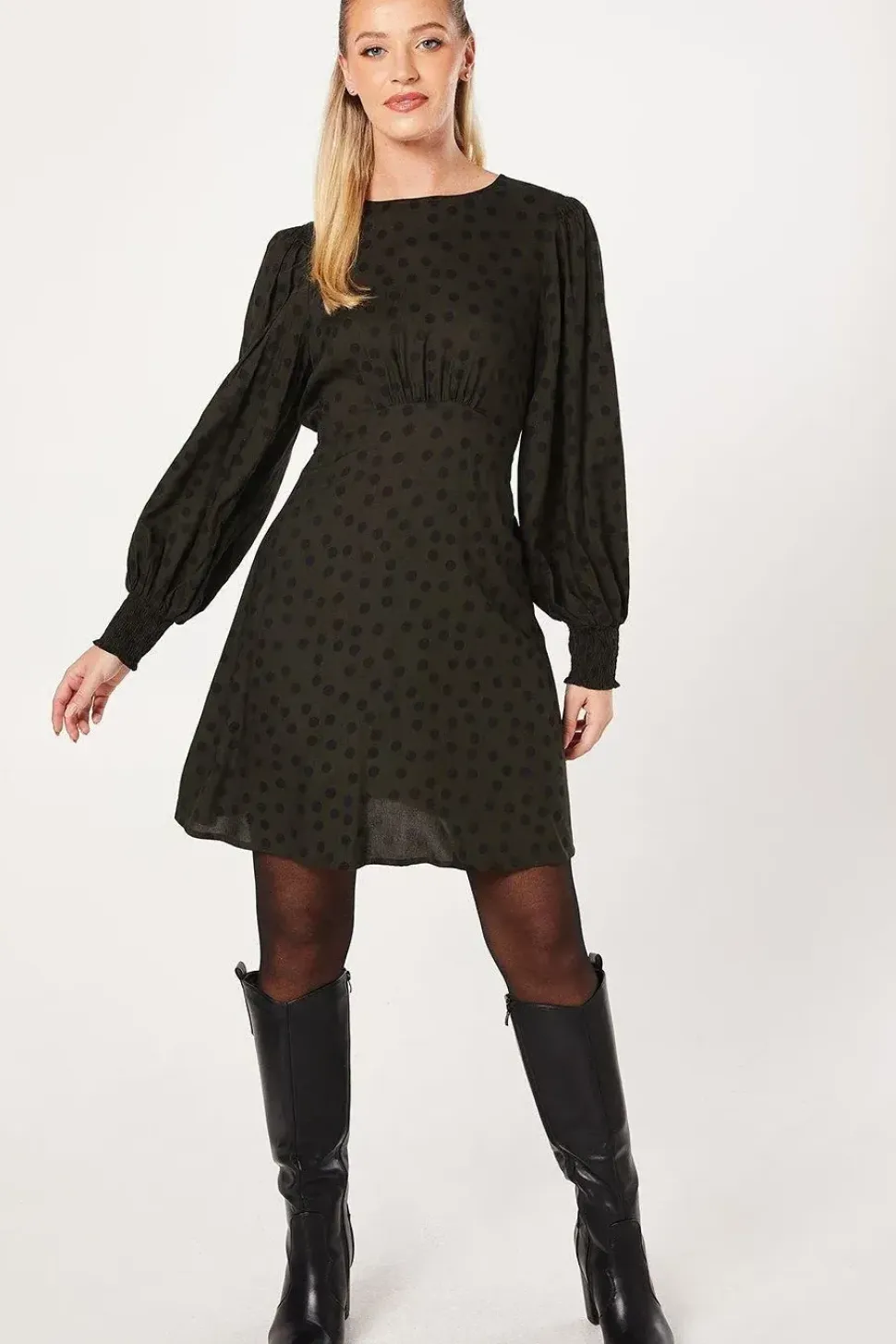 Khaki Spot Shirred Cuff Mini Dress