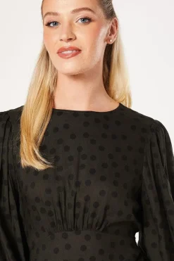 Khaki Spot Shirred Cuff Mini Dress