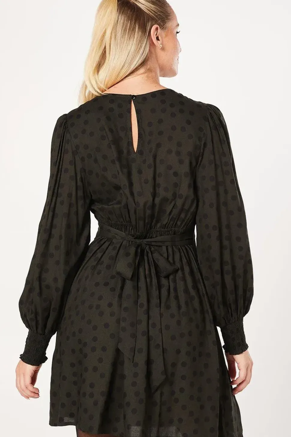 Khaki Spot Shirred Cuff Mini Dress
