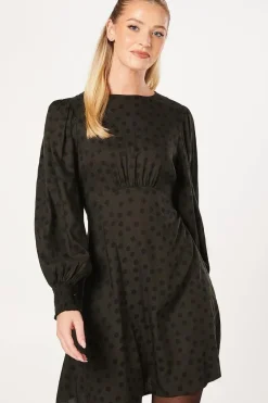 Khaki Spot Shirred Cuff Mini Dress