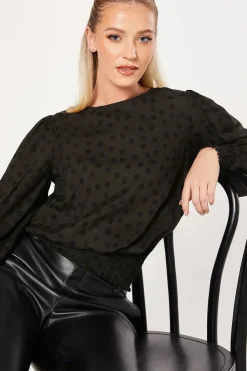 Khaki Spot Shirred Hem Long Sleeve Blouse