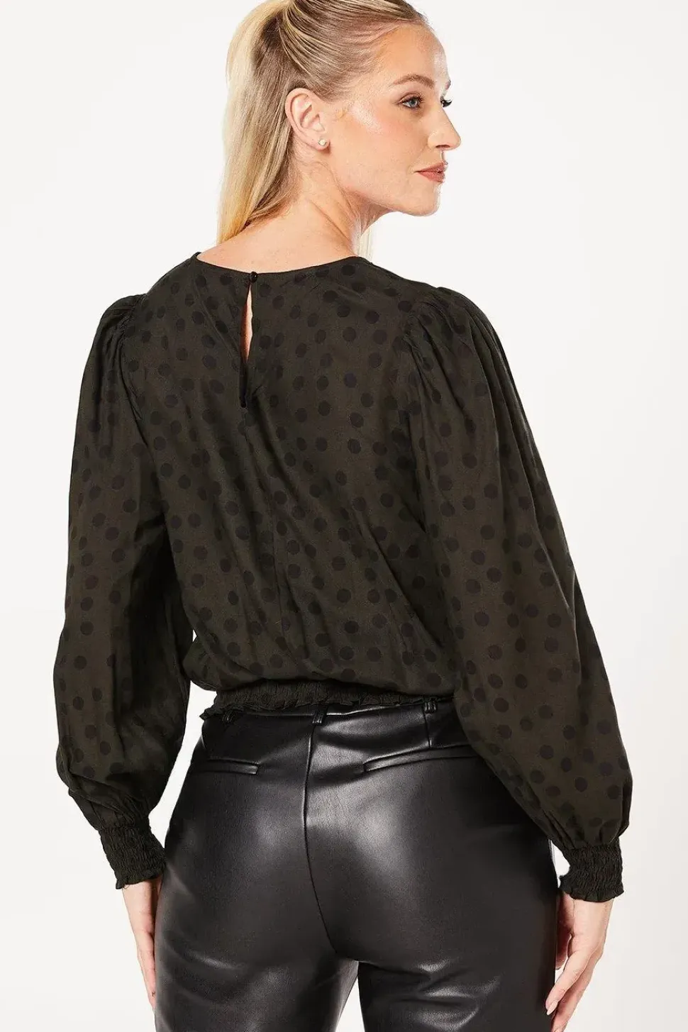 Khaki Spot Shirred Hem Long Sleeve Blouse