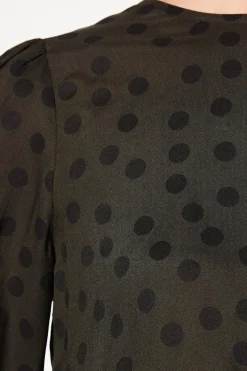 Khaki Spot Shirred Hem Long Sleeve Blouse