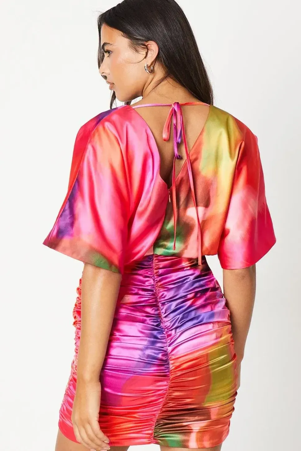 Kimono Sleeve Mini Dress With Tie Neck