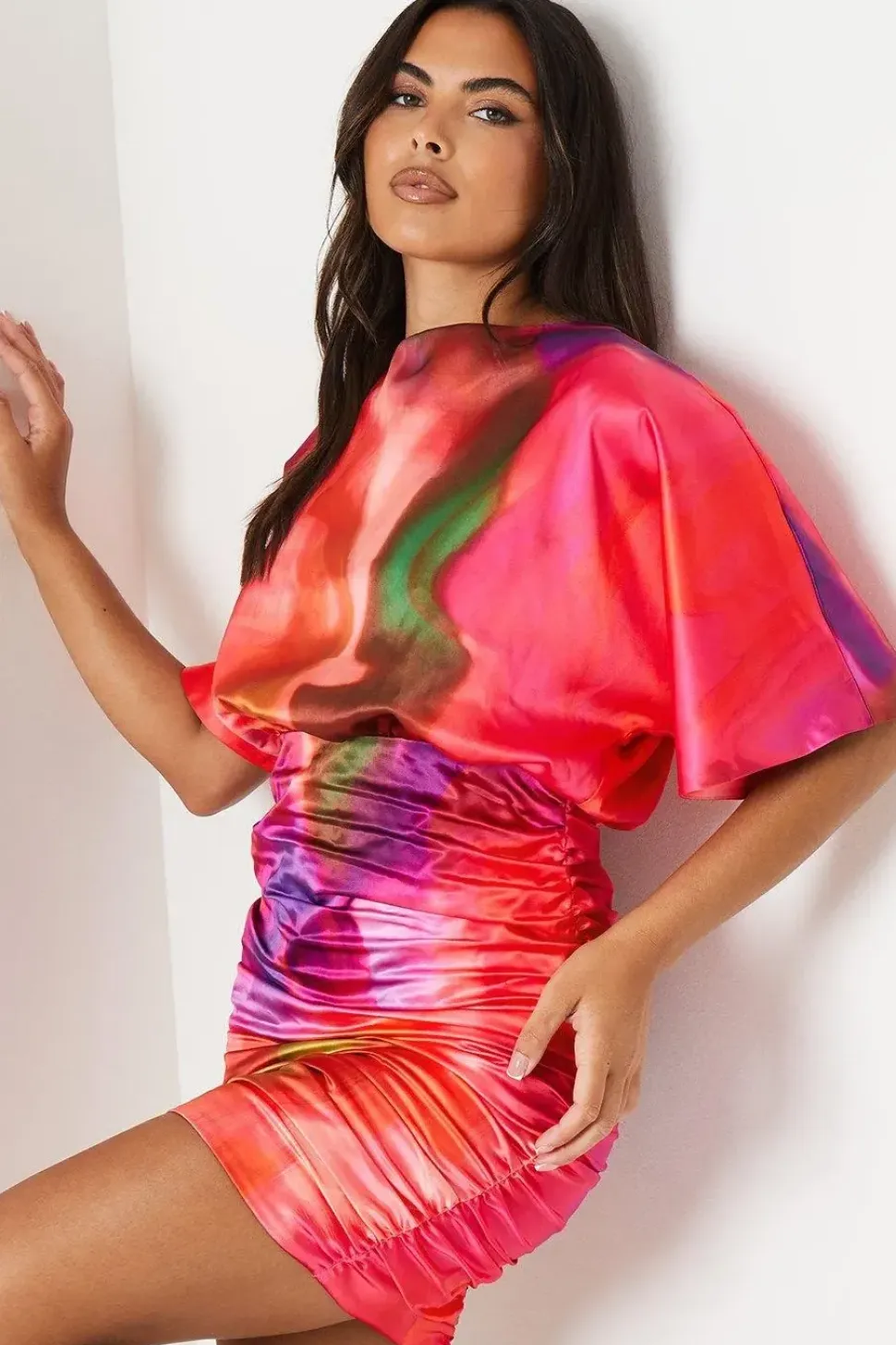 Kimono Sleeve Mini Dress With Tie Neck