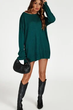 Knit Crew Neck Extended Jumper In Dark Green