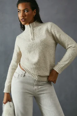 Knitted Boucle Zip Up Neck Oversized Jumper