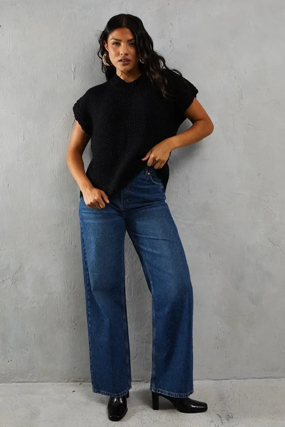 Knitted Cap Sleeve Dipped Hem Jumper