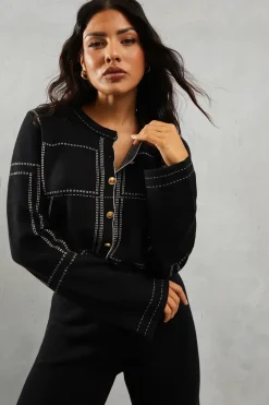 Knitted Crew Neck Contrast Seam Gold Button Detail Cardigan