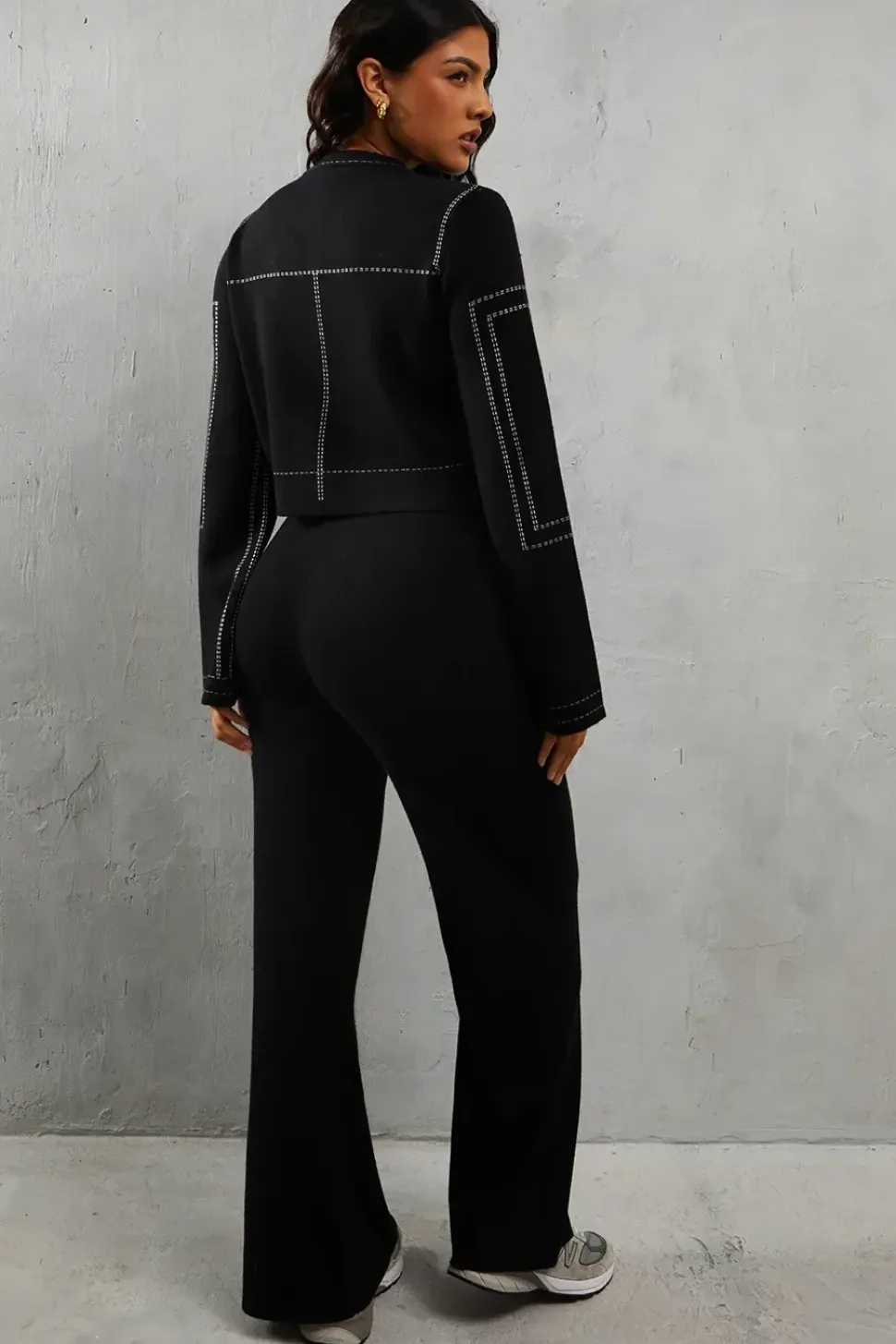 Knitted Crew Neck Contrast Seam Gold Button Detail Cardigan