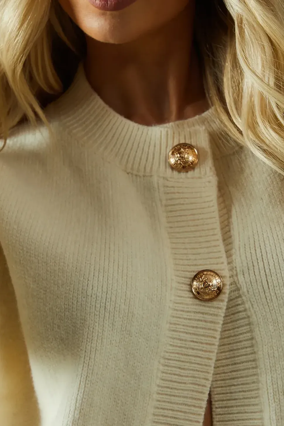 Knitted Crew Neck Pocket Detail Gold Button Cardigan