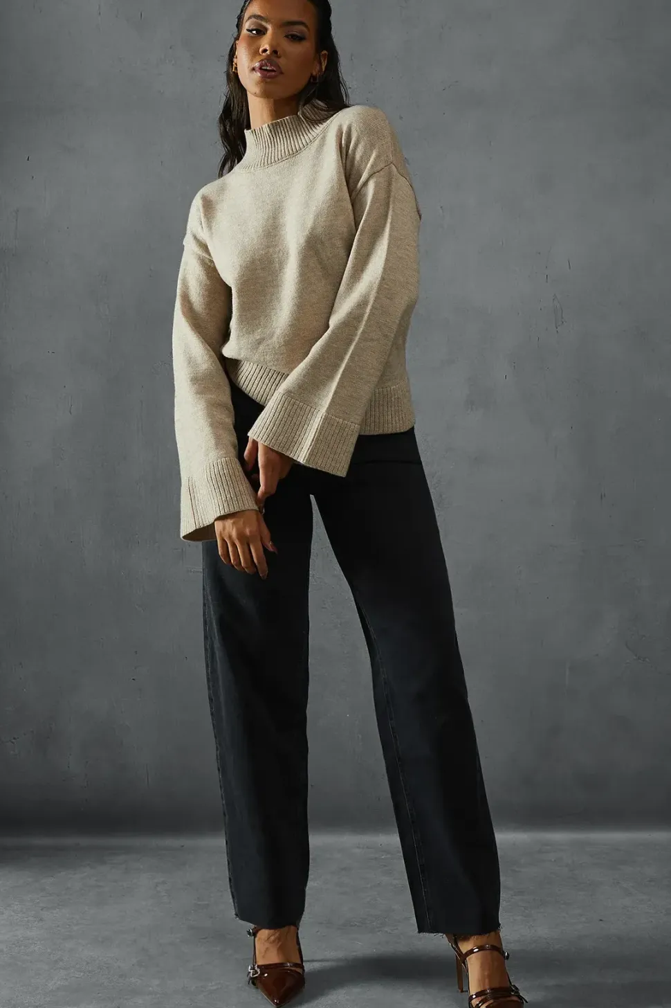 Knitted High Neck Wide Sleeve Jumper