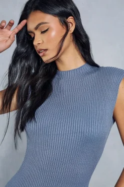 Knitted Ribbed Shoulder Pad Detail Maxi Dress