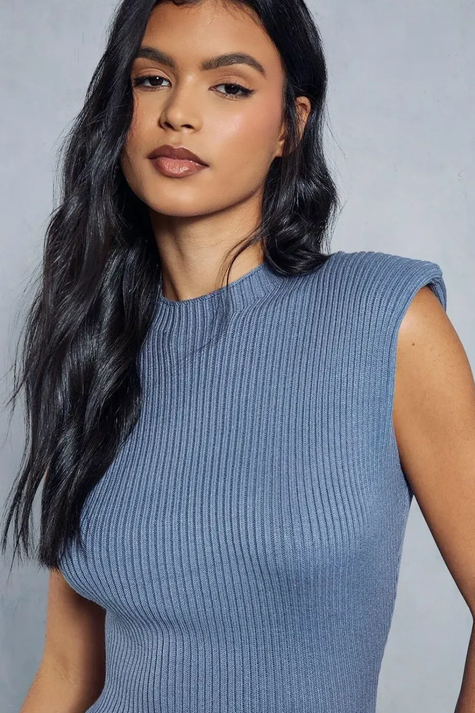Knitted Ribbed Shoulder Pad Detail Maxi Dress
