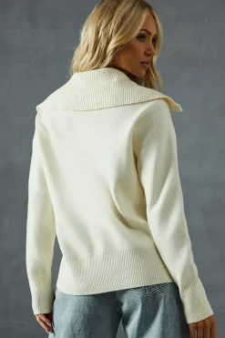 Knitted Rib Collar Zip Up Jumper