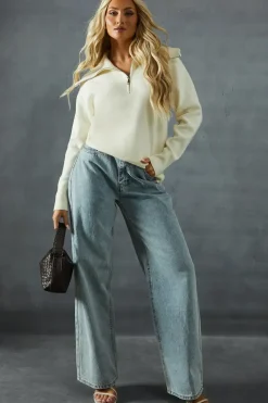 Knitted Rib Collar Zip Up Jumper