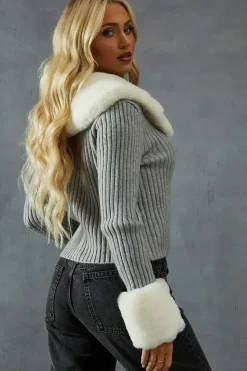Knitted Rib Fur Trim Tie Detail Front Jumper