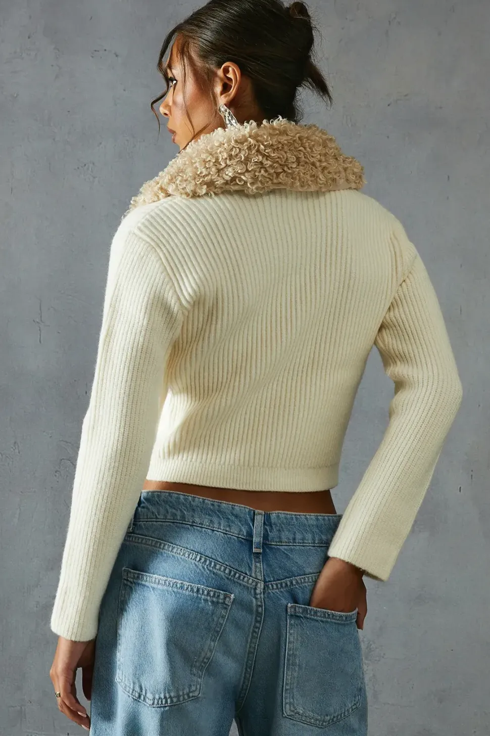 Knitted Rib Teddy Fur Collar Long Sleeve Zip Up Jumper