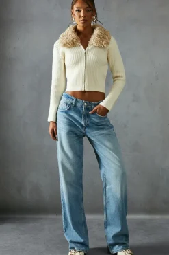 Knitted Rib Teddy Fur Collar Long Sleeve Zip Up Jumper