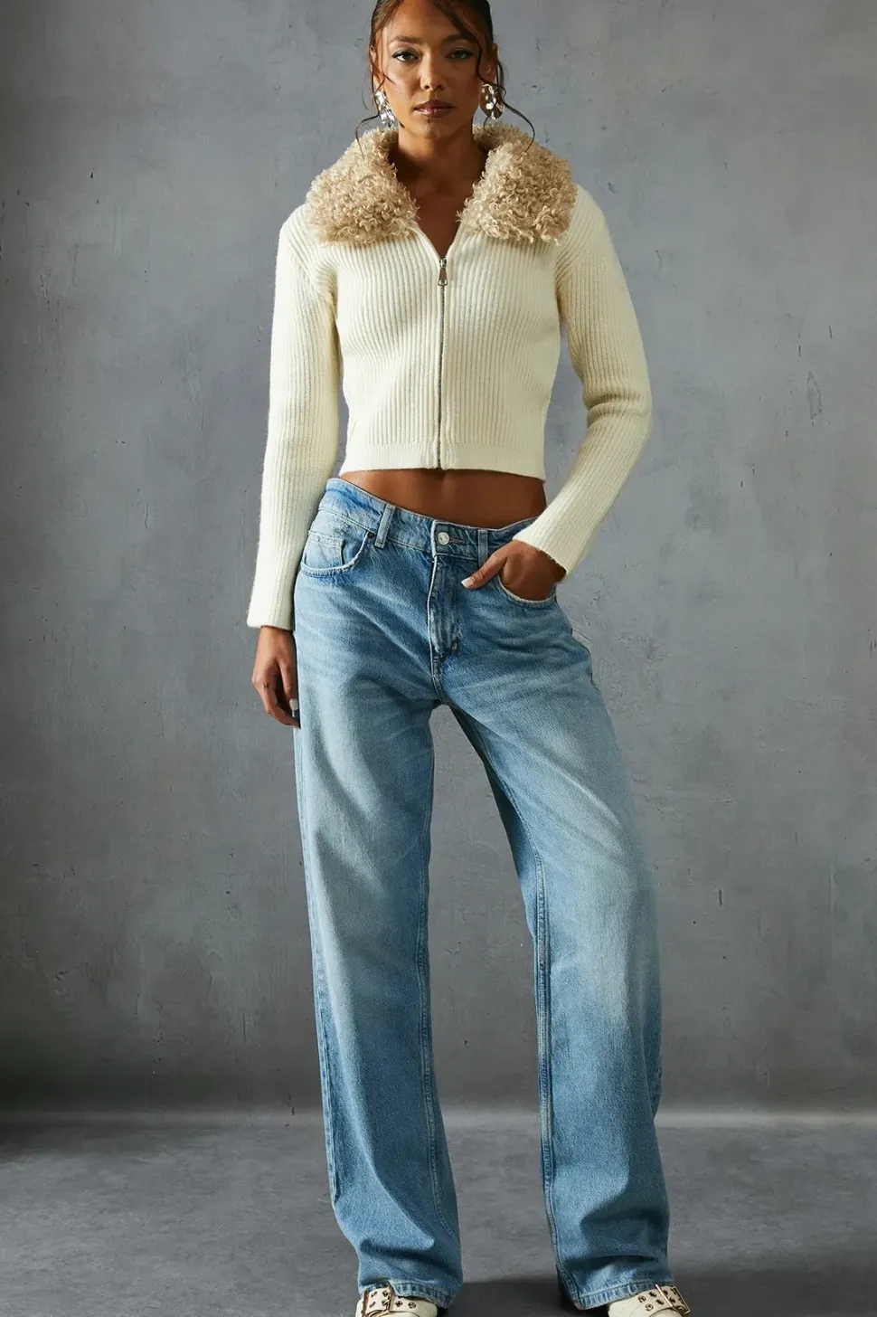 Knitted Rib Teddy Fur Collar Long Sleeve Zip Up Jumper