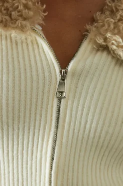 Knitted Rib Teddy Fur Collar Long Sleeve Zip Up Jumper