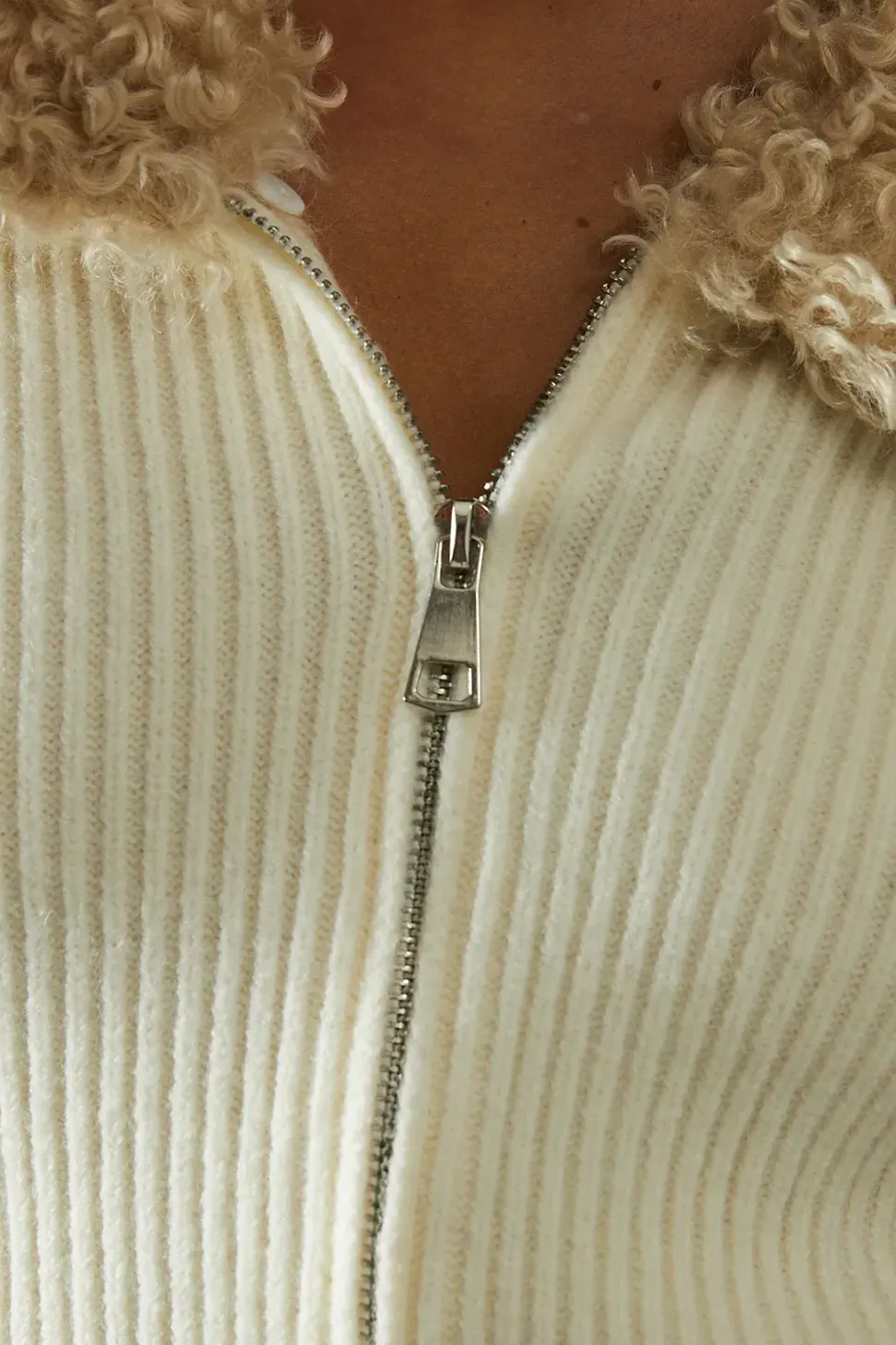 Knitted Rib Teddy Fur Collar Long Sleeve Zip Up Jumper