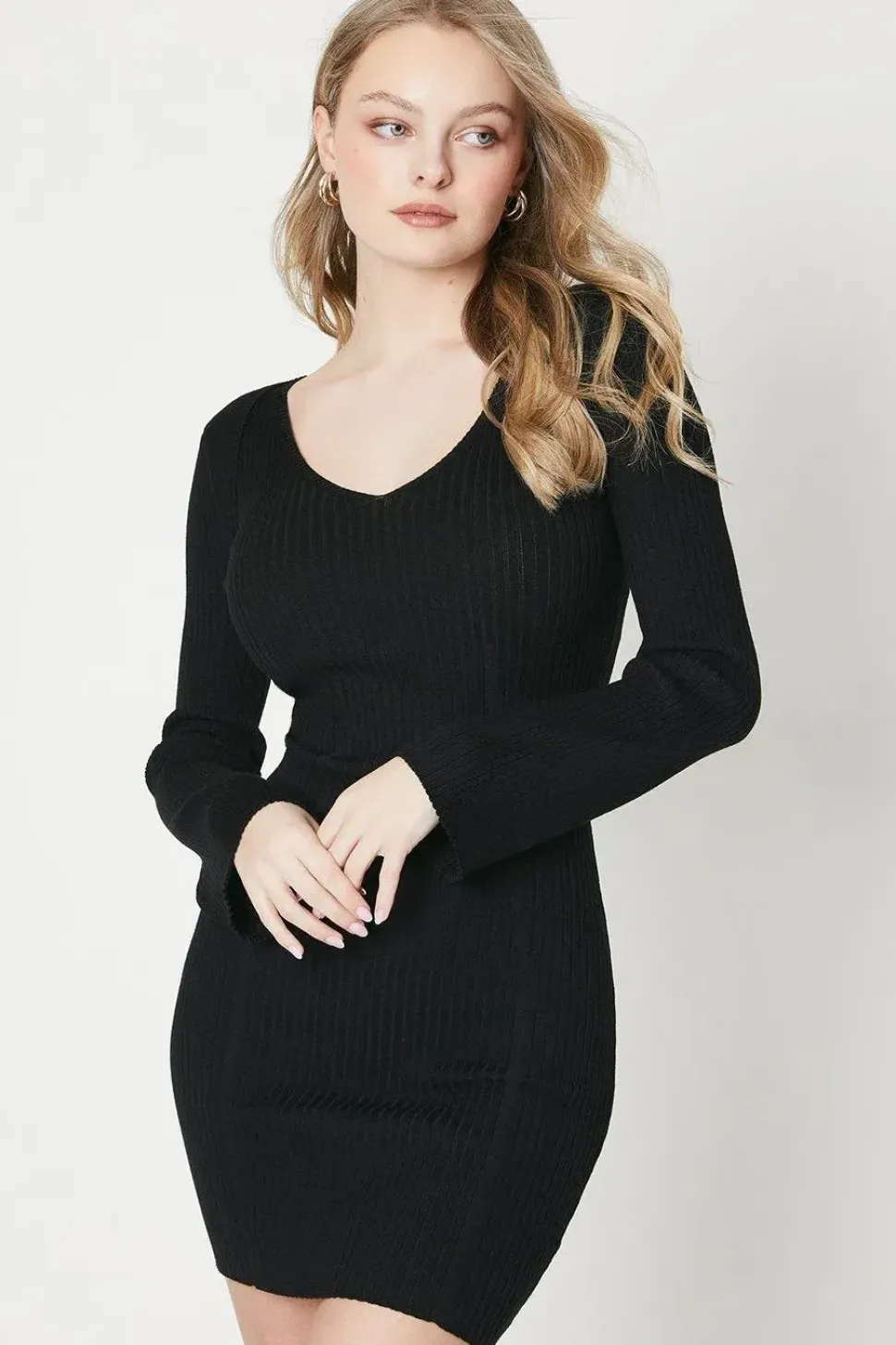 Knitted Rib V Neck Mini Dress