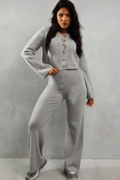 Knitted Rib Waistband Wide Leg Trouser