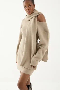 Knitted Slash Neck Scarf Detail Mini Dress