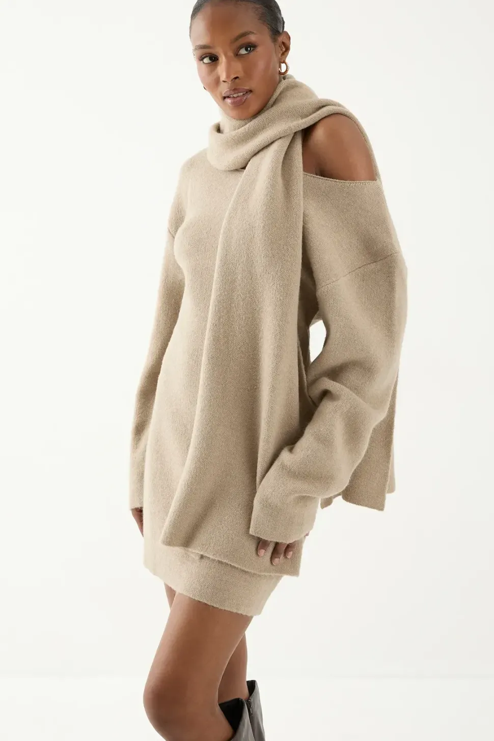 Knitted Slash Neck Scarf Detail Mini Dress